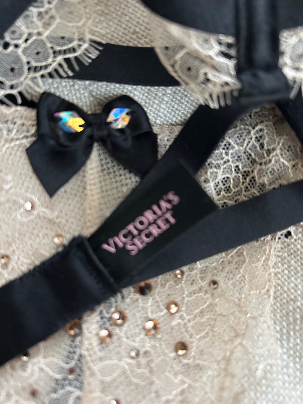 Victoria's Secret Nude Lace & Black Strap Rhinestone Bra Set - Picture 4 of 6